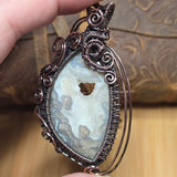 Plume Agate Pendant Heart Druzy Antiqued Copper Wire Wrapped