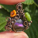 Purple Labradorite Wire Wrapped Pumpkin Pendant - Antiqued Copper Czech Glass
