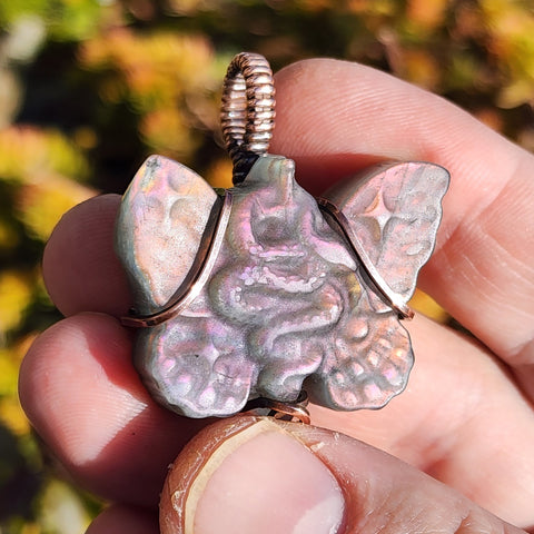 Purple Labradorite Wirewrapped Copper Pendant - Snake Butterfly Carved Wings