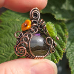 Purple Labradorite Wire Wrapped Pumpkin Pendant - Antiqued Copper Czech Glass