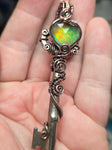Dark Flash Aurora Opal Key Pendant - Copper Wirewrap Skeleton Key