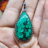Malachite Plume Pendant in Antiqued Sterling Silver