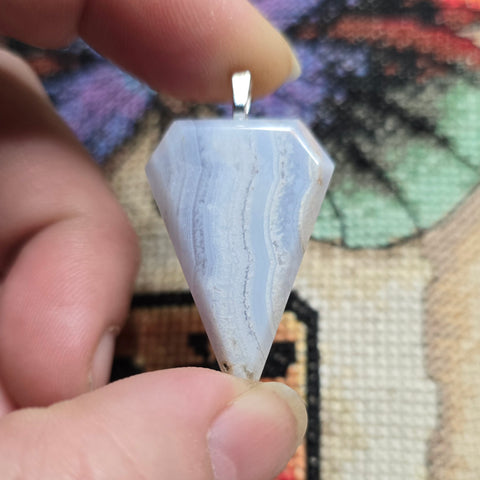 Blue Lace Agate Shield Pendant – Soft Power in Stone