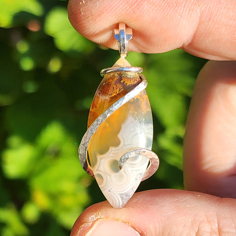 Golden Tube + Moss Carnelian Agate Pendant – Sterling Silver