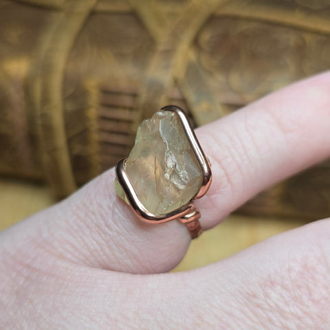 Raw Oregon Sunstone Crystal Ring Sz 6.5 in Copper