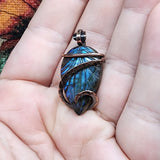 Carved Blue Flower Blossom Labradorite Pendant Necklace in Copper