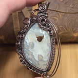 Plume Agate Pendant Heart Druzy Antiqued Copper Wire Wrapped