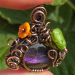 Purple Labradorite Wire Wrapped Pumpkin Pendant - Antiqued Copper Czech Glass