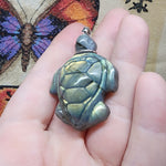 Carved Blue Green Gold Labradorite Sea Turtle Pendant in Sterling Silver