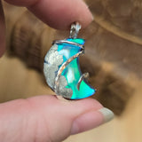 Marcasite Agate Moon – Sterling Silver + Green Blue Aurora Opal
