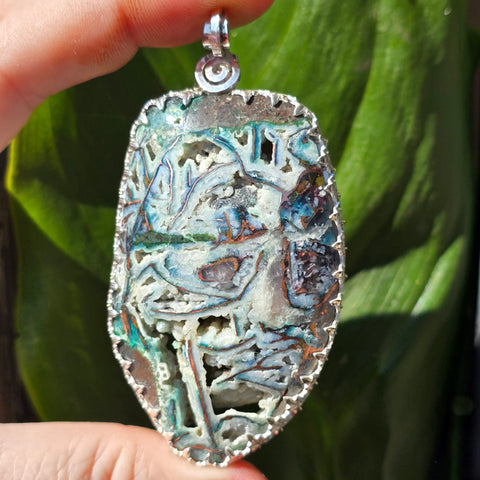 Chrysocolla + Copper Pendant – 200 Carat Skeletal Chalcedony in Sterling Silver