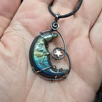 Carved Face Rainbow Labradorite Crescent Moon with Hematite Star Pendant in Sterling Silver