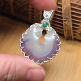 Purple Banded Agate Geode Pendant – Sterling Silver with Emerald Accent - Rock Your World 