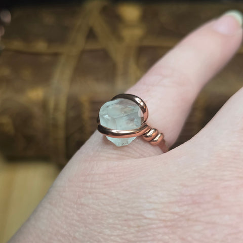 Aquamarine Crystal Ring sz 9 – Raw Termination in Forged Copper