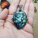 Carved Ocean Blue Labradorite Lion Pendant in Sterling Silver