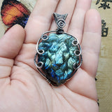 Carved Ocean Blue Labradorite Lion Pendant in Sterling Silver