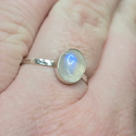 Moonstone Ring sz 11 – Golden + Ice Blue Flash Sterling Silver