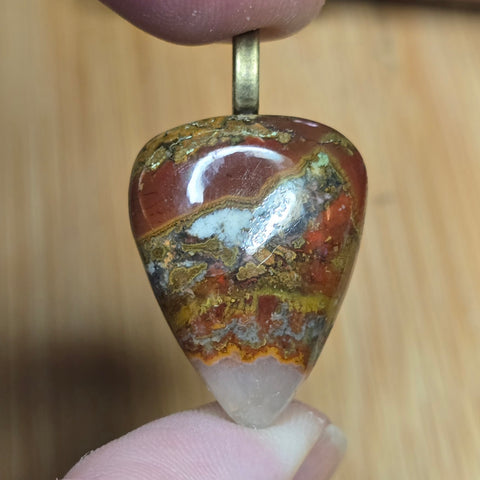 Moroccan Seam Agate Shield Pendant – Red, Gold Moss Agate + Crystal Tip