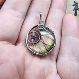 Pink Purple Gold Labradorite Crescent Moon Pendant with Rose Quartz and Hematite