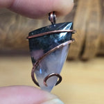 Purple Agate Pendant with Metallic Green Moss - Hammered Copper Necklace