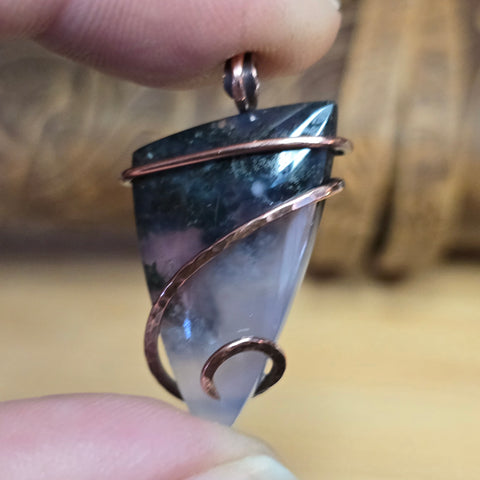 Purple Agate Pendant with Metallic Green Moss - Hammered Copper Necklace