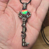 Skeleton Key with Rose Cut Heart Aurora Opal Doublet Wire Wrapped Pendant