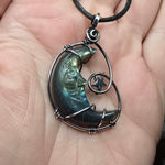 Carved Face Rainbow Labradorite Crescent Moon with Hematite Star Pendant in Sterling Silver