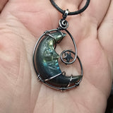 Carved Face Rainbow Labradorite Crescent Moon with Hematite Star Pendant in Sterling Silver