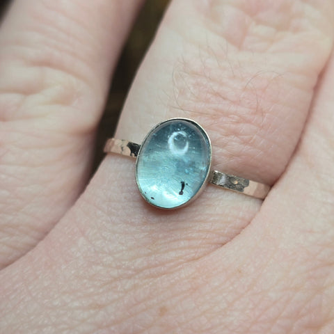 Aquamarine Ring sz 11.25 - Hammered Sterling with Pale Sea Glass Glow