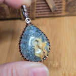 Marcasite Agate Geode Pendant - Patterned Copper Wire Wrap