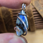 Boulder Opal Pendant with Blue-Green Fire – Sterling Silver Forged Embrace