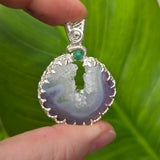 Purple Banded Agate Geode Pendant – Sterling Silver with Emerald Accent - Rock Your World 