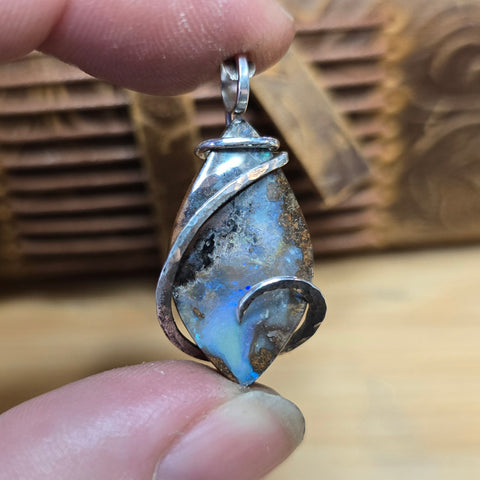 Boulder Opal Pendant with Blue Fire – Sterling Silver Forged Embrace