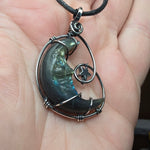 Carved Face Rainbow Labradorite Crescent Moon with Hematite Star Pendant in Sterling Silver