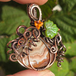 Crazy Lace Agate Pumpkin Pendant – Copper Vine + Czech Glass Leaf