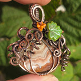 Crazy Lace Agate Pumpkin Pendant – Copper Vine + Czech Glass Leaf