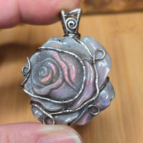 Purple Labradorite Rose Pendant - Sculpted Bloom in Antiqued Sterling