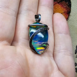 Large Rainbow Aurora Opal Pendant In Hammered Sterling Silver