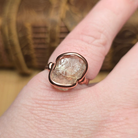 Raw Oregon Sunstone Crystal Ring Sz 7.5 in Copper