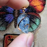 Carved Blue Aquamarine Leaf Wire Wrapped Pendant in 14kt Yellow Gold Fill