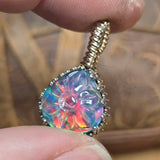 Aurora Opal Pendant Carved Flower Rainbow Flash - Sterling Silver Gold Fill
