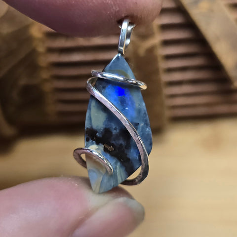 Boulder Opal Pendant with Blue-Green Fire – Sterling Silver Forged Embrace