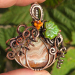 Crazy Lace Agate Pumpkin Pendant – Copper Vine + Czech Glass Leaf