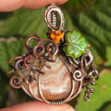 Crazy Lace Agate Pumpkin Pendant – Copper Vine + Czech Glass Leaf