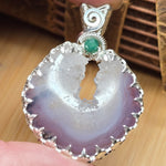 Purple Banded Agate Geode Pendant – Sterling Silver with Emerald Accent - Rock Your World 