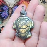 Carved Blue Green Gold Labradorite Sea Turtle Pendant in Sterling Silver