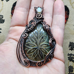 Large Carved Green Gold Orange Labradorite Flower and Austrailian Opal in Copper