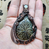 Large Carved Green Gold Orange Labradorite Flower and Austrailian Opal in Copper - Rock Your World 