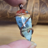 Common Opal with Marcasite Pendant Copper Wrapped - Red Orange Cream White