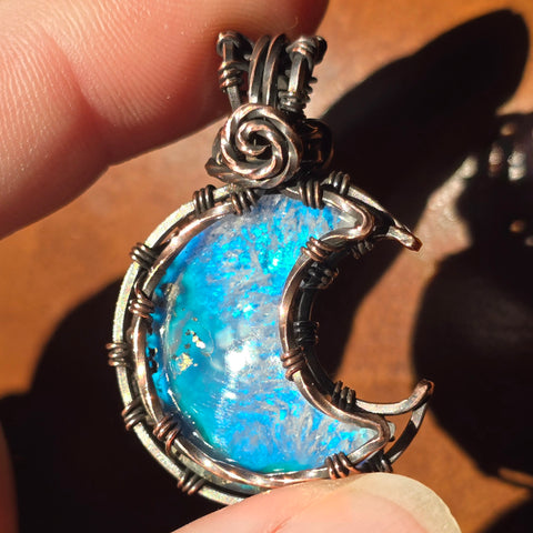 Marcasite Agate + Aurora Opal Moon Pendant – Frost Moon in Copper